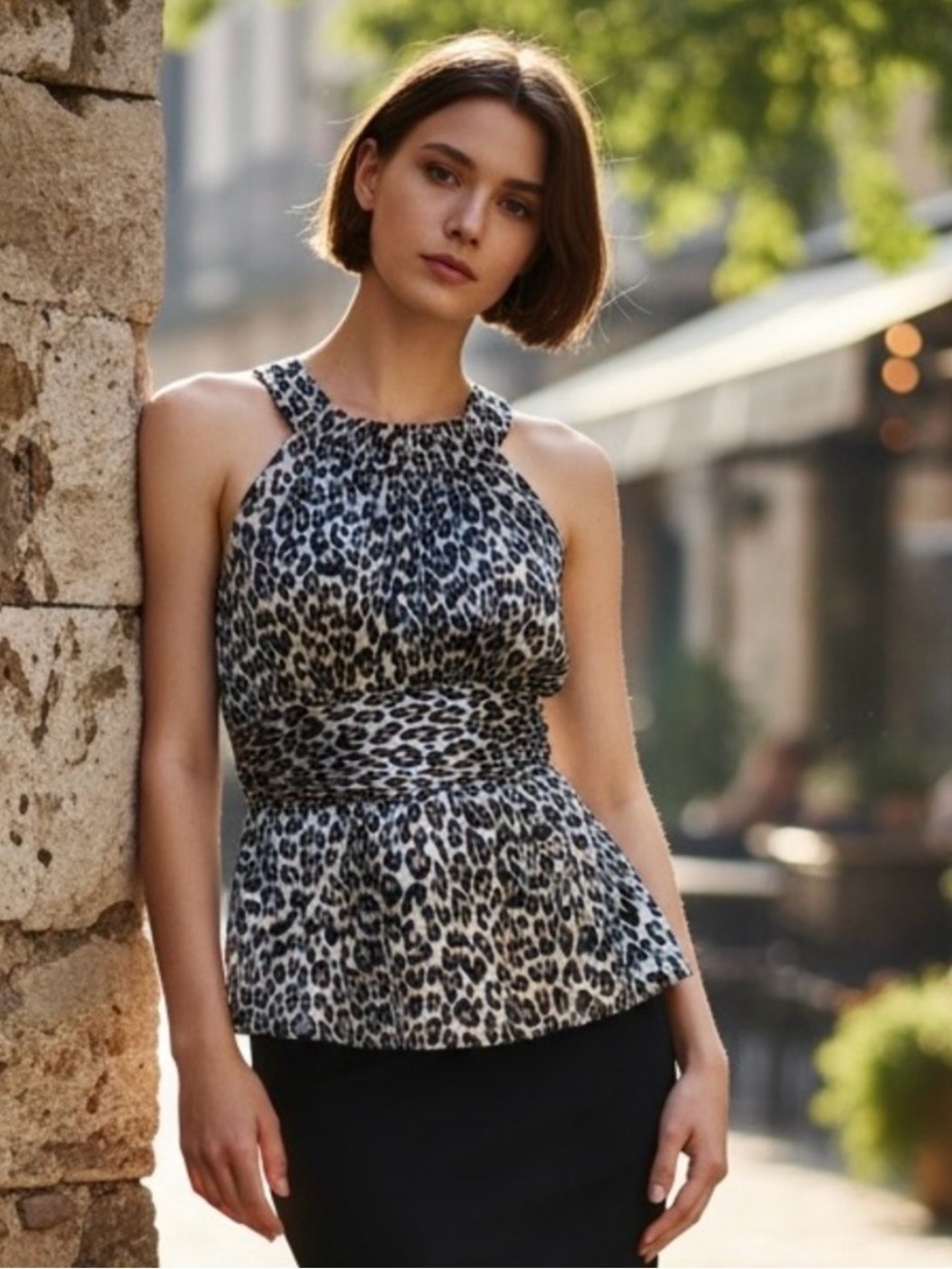 Forever 21 Leopard Print Halter Peplum Top Sleeveless Animal Print S